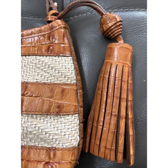 Brahmin Tote Bag Womens Brown Croc Embossed Leather Woven Straw Shoulder Tassel - Picture 4 of 10